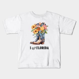 I Love Florida Boho Cowboy Boots with Flowers Watercolor Art Kids T-Shirt